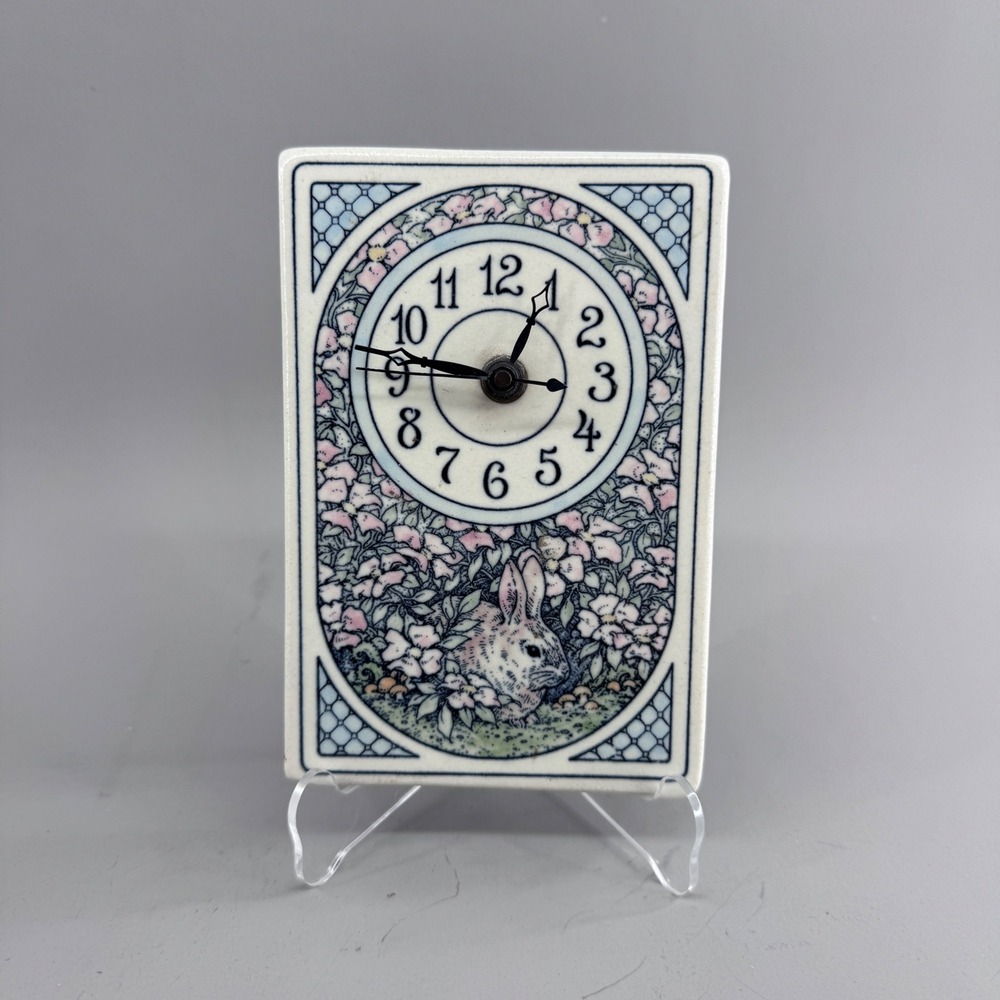 Ceramic Rabbit Floral Tabletop Clock White Pink Cottagecore Whimsical 6881
